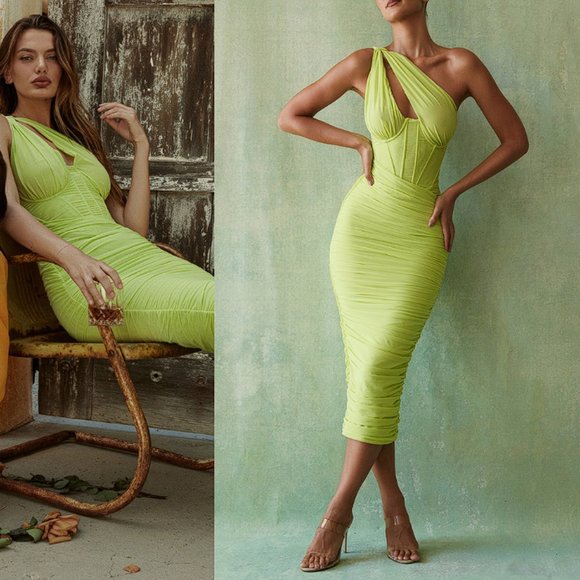 House of CB ‘Valentina’ Lime Asymmetric Cutout Midi Dress NWOT - Picture 6 of 11